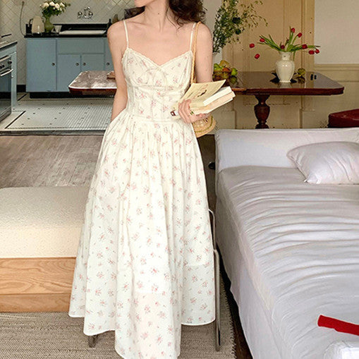 Retro Lace V-neck Suspender Skirt Waist Slimming Mid-length