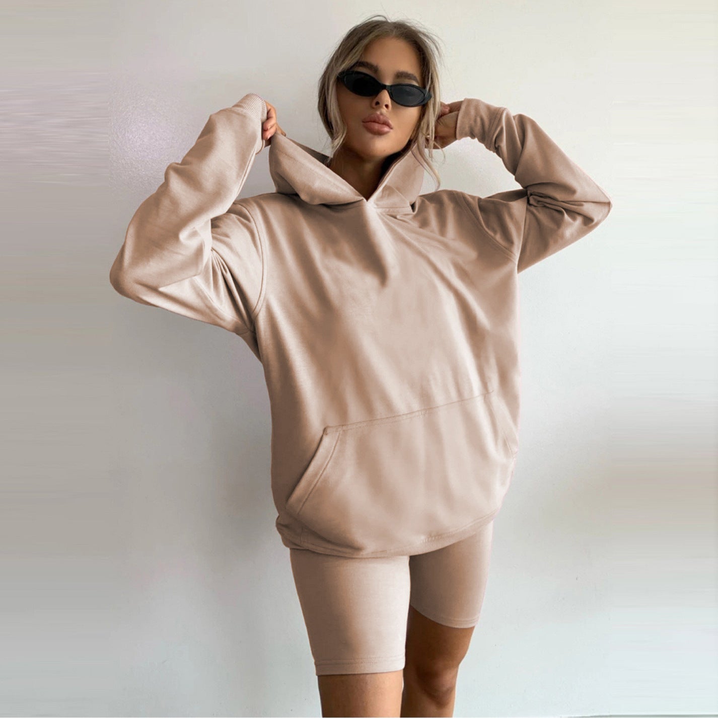 Fashion Casual Solid Color Hoodie Sweater Shorts Sports Set