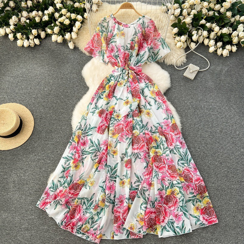 Printed Lace Up Waist-tight Dress