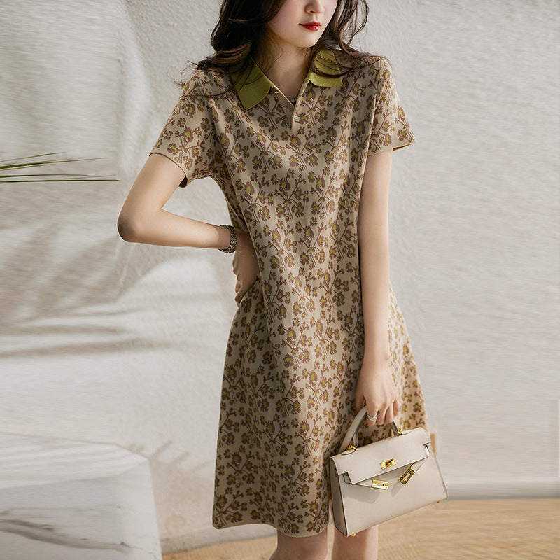 Women's Pastoral Floral Polo Neck Knit Dress