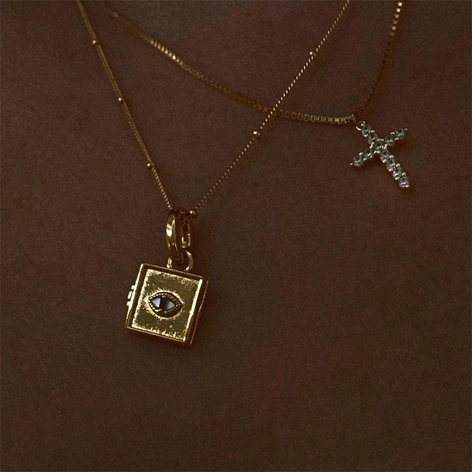 Titanium Steel Zircon Box Chain Cross Pendant Necklace