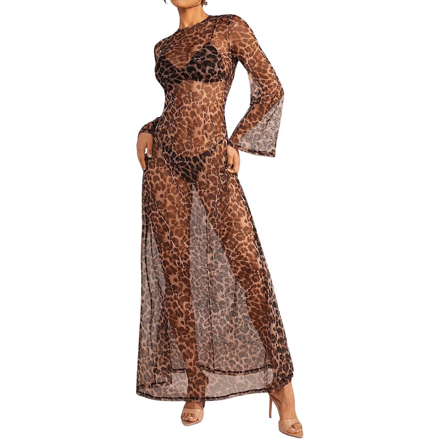 Sheer Mesh Graphic Print Sun Protection Seaside Vacation Beach Dress