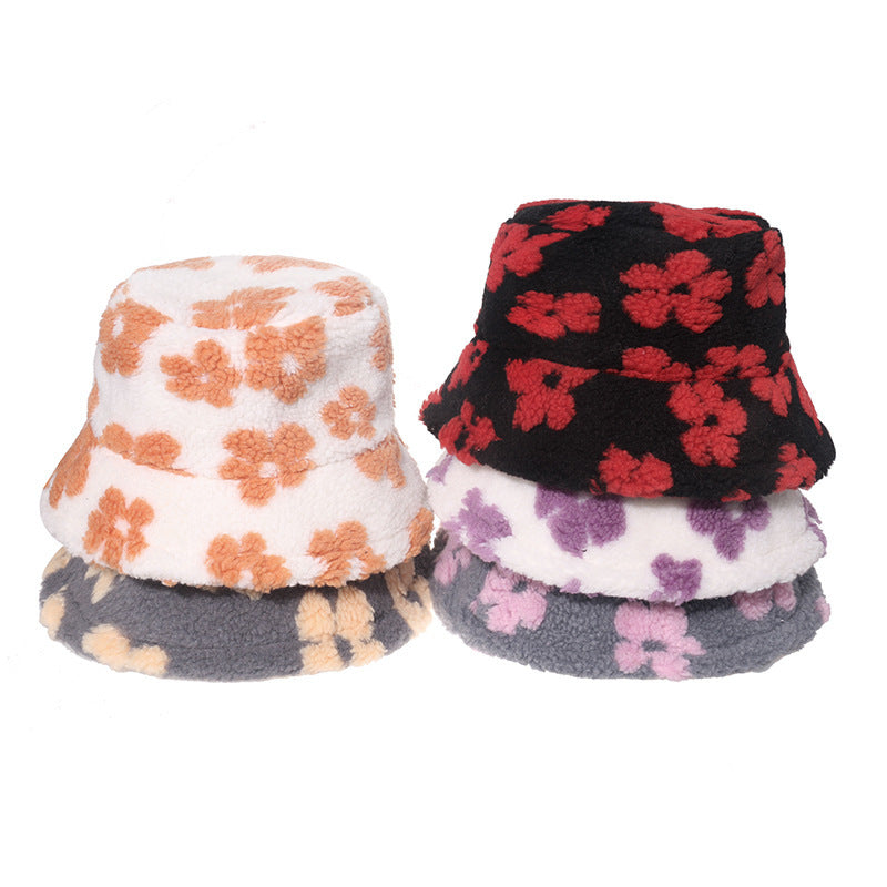 Lamb Wool Floral Fisherman Hat Women With Printed Warm