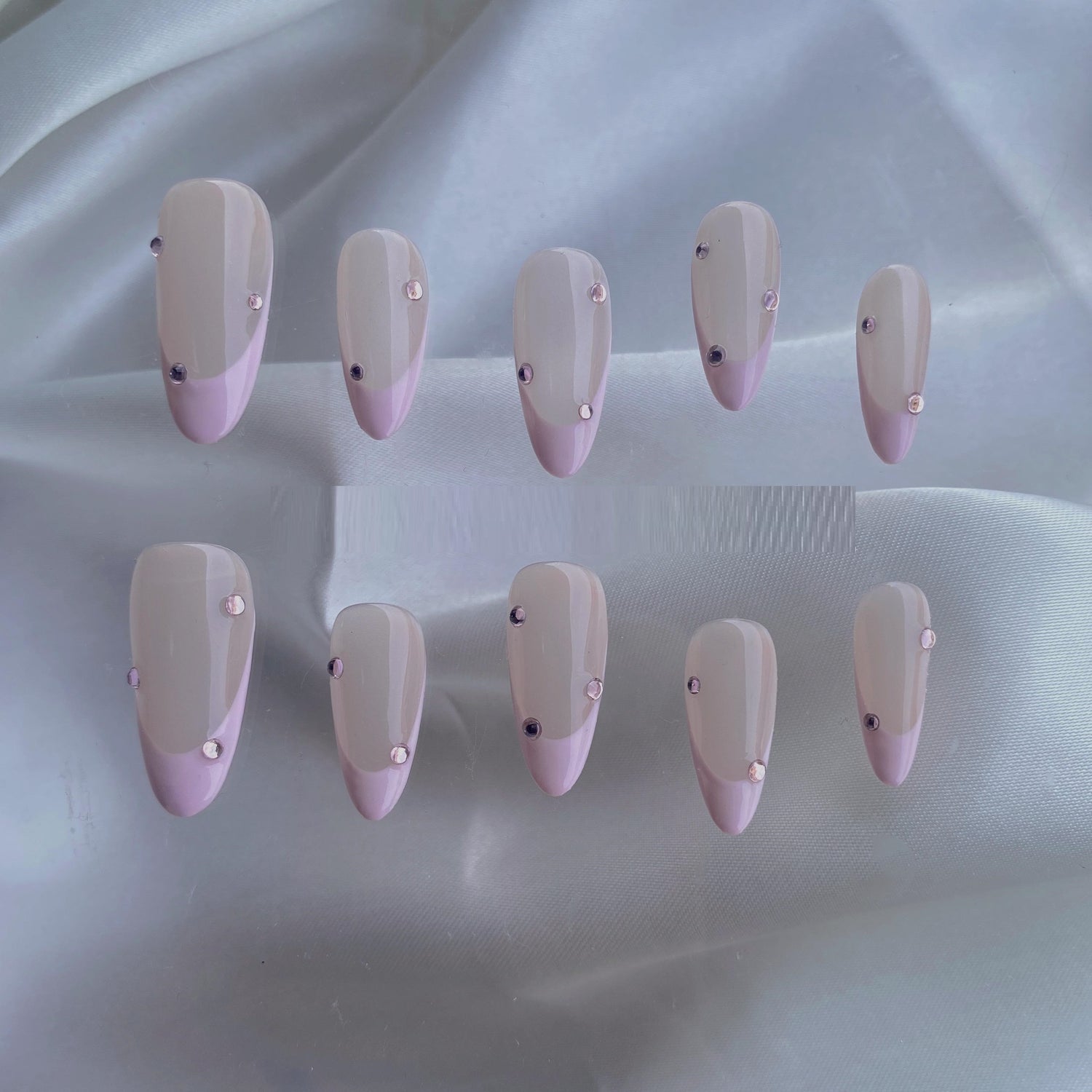 Rhinestone French Manicure Almond Shape Nail Set