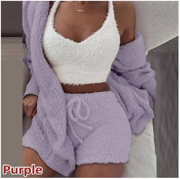 3 Piece Set Fashionable Ladies Pajamas Plush Home Clothes Loungewear