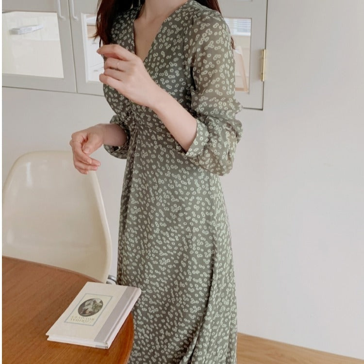 Retro Tea Break Green Floral Chiffon Dress