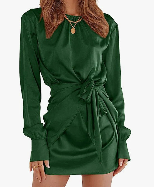 Women's Satin Long Sleeve Round Neck Tied Elegant Cocktail Party Dress