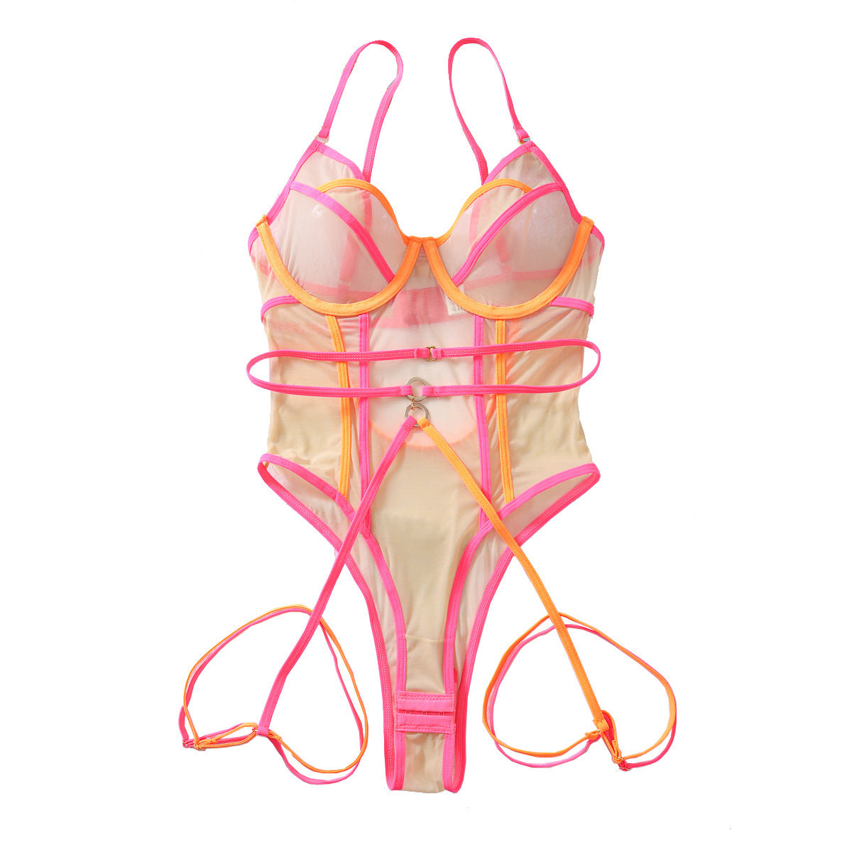 Contrast Color Sheer Mesh Body Shaping Backless Sleeveless Jumpsuit Garter Kit