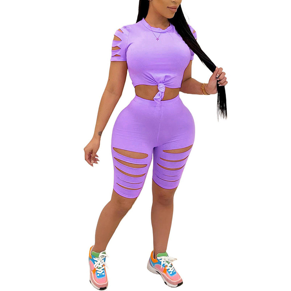 Women's Fashion Casual Two-Piece Set Ripped Tie Waist Tee and Bike Short