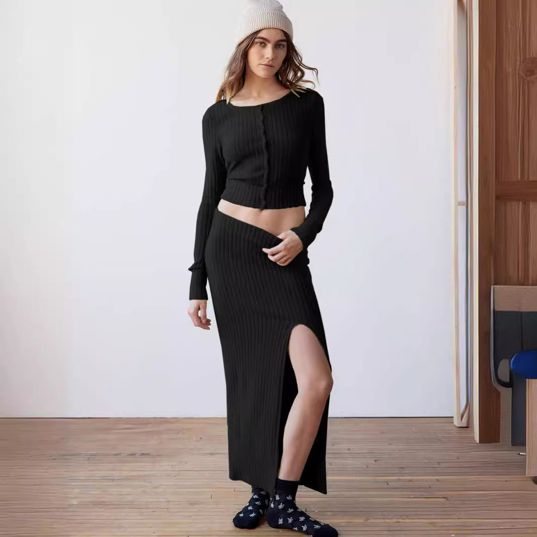 Long-sleeve Top & Maxi Split Skirt Set