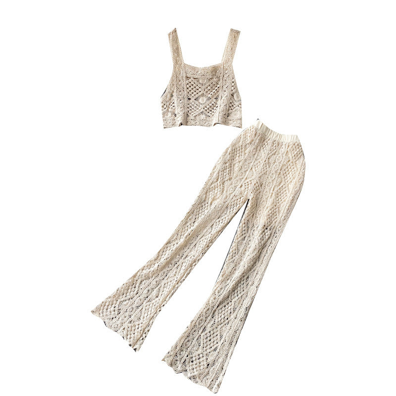 Square Collar Vest Short Top High Waist Sheath Hollow Design Sense Bell-bottom Pants Two-piece Set