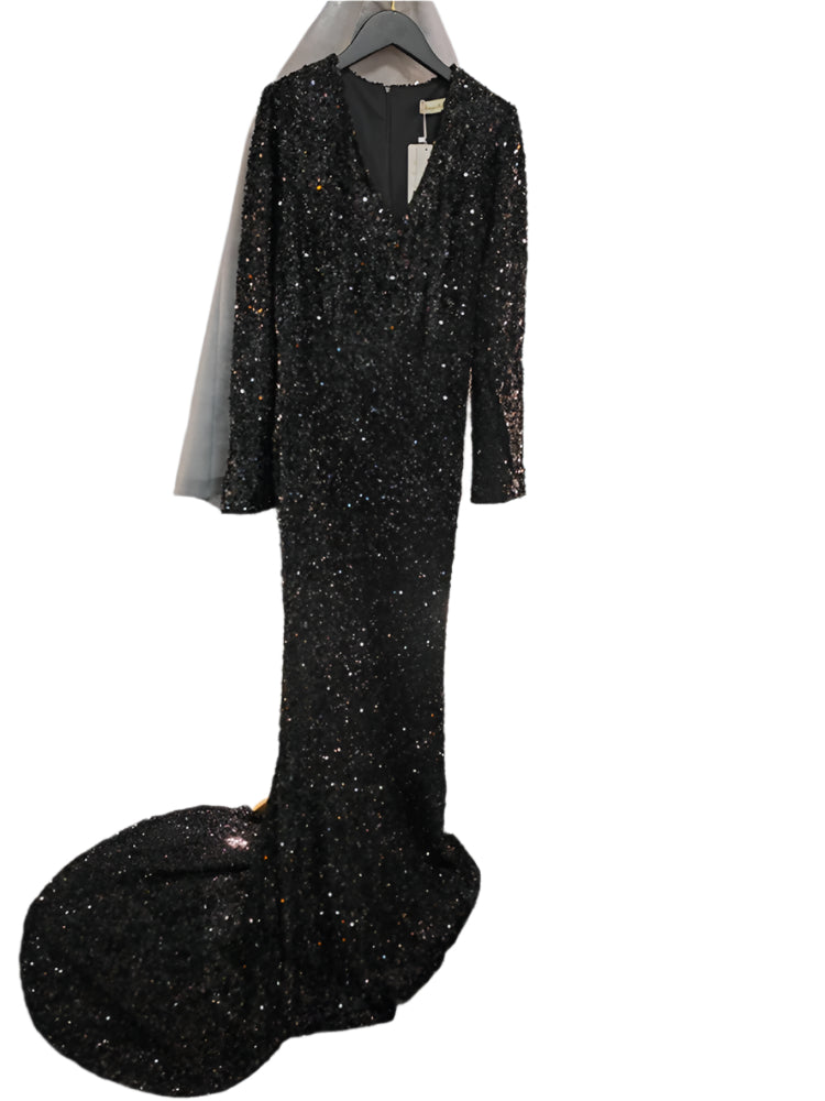 Grey Long Sleeve Sequin Evening Dress