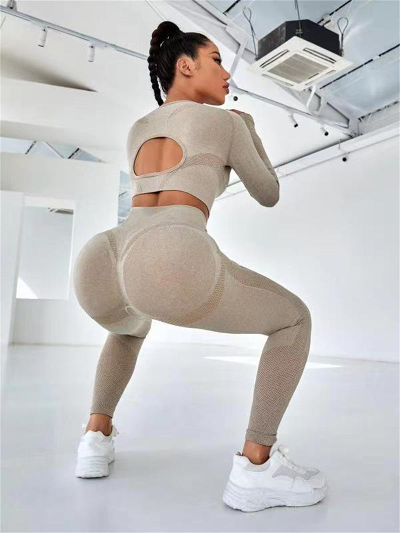 2pcs Sports Set Long Sleeve Cutout Tops And Butt Lifting High Waist Seamless Fitness Leggings Yoga Gym Sportswear Outfits Clothing