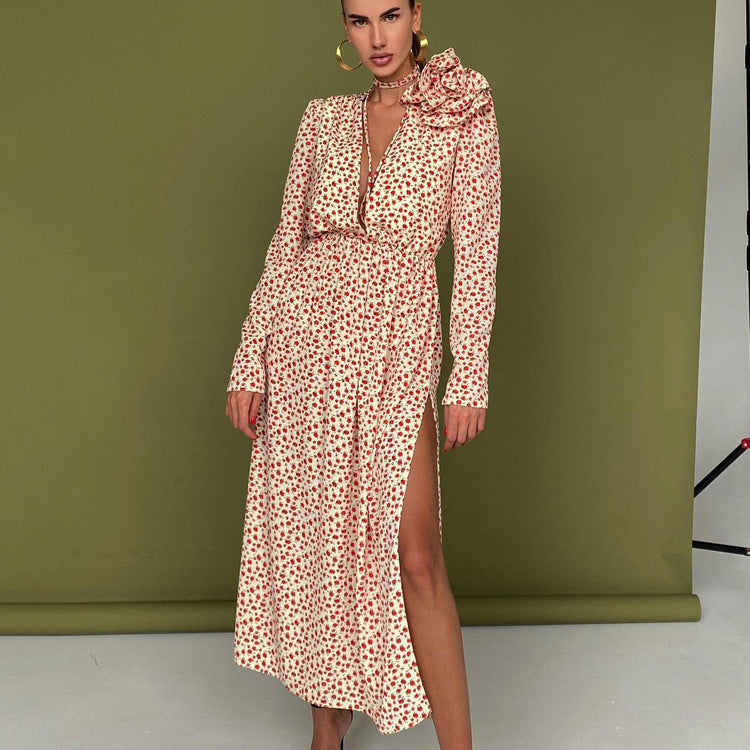 Sexy Deep V-neck Lace-up Waist Side Slit Floral Dress