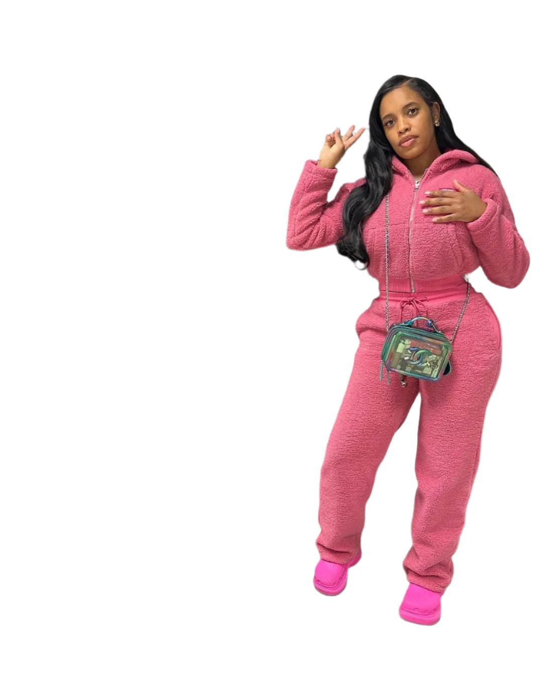 Matching Fleece Long Sleeve Crop Top and Pants Set