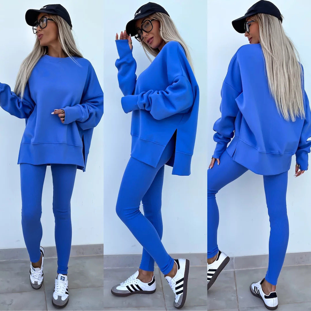 2pcs Casual Loose Long Sleeve Crew Neck Split Top and Leggings Set