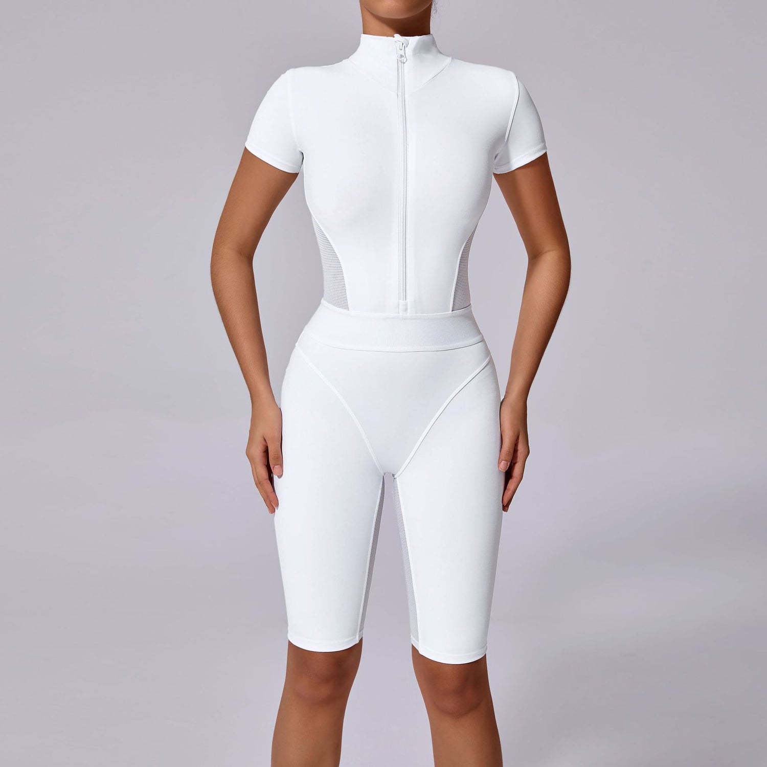 Tight Waist Open Collar Zipper Short Sleeve Yoga Jumpsuit