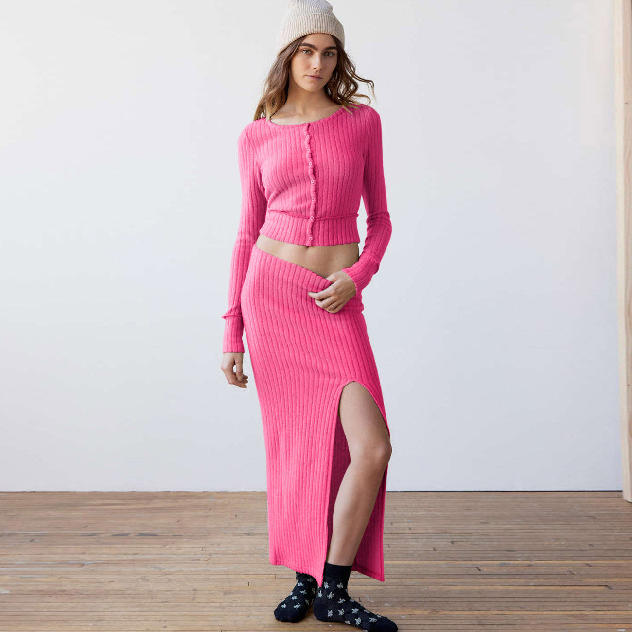 Long-sleeve Top & Maxi Split Skirt Set