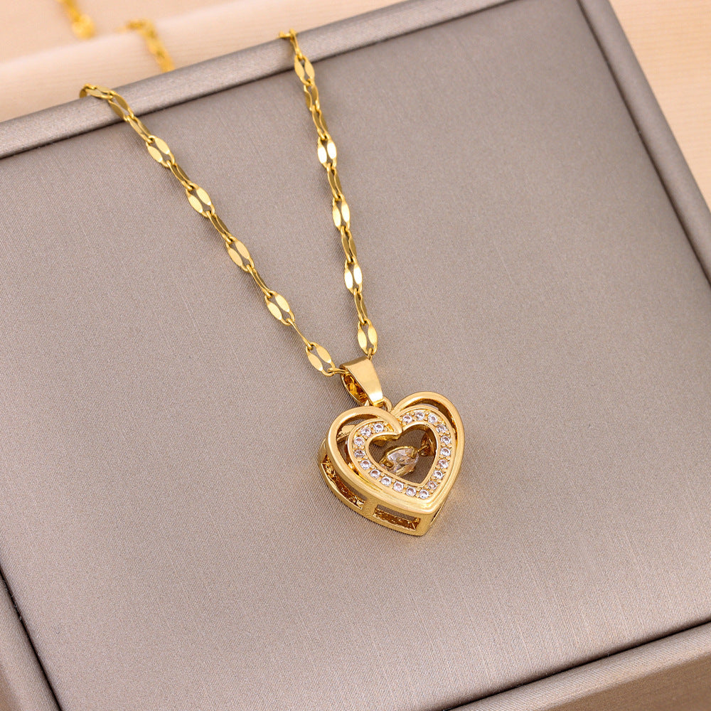 Double-Plated Stacked Love Heart Necklace with Rhinestones