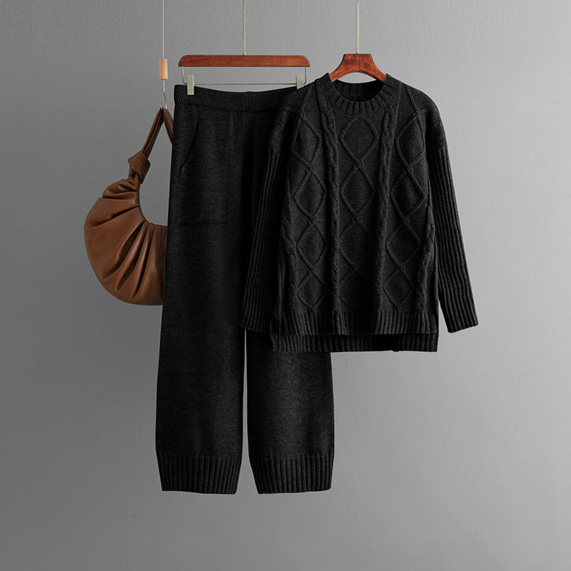 Plus Size Women's Clothing Cable-knit Pullover Sweater Suit