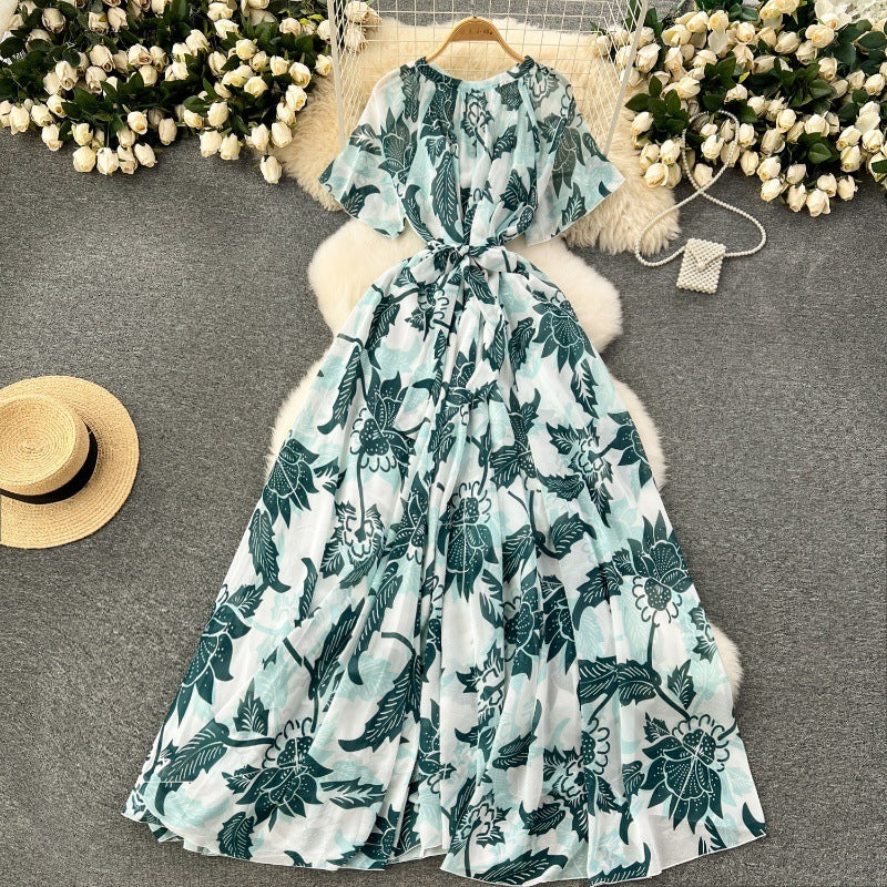 Printed Lace Up Waist-tight Dress