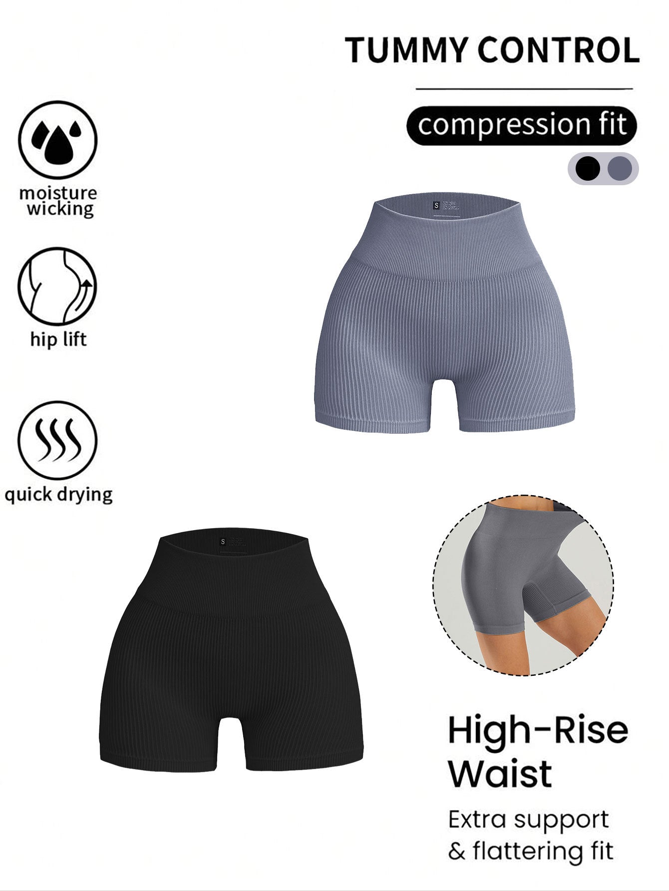 2 Pack Women's High Waist Solid Color Ribbed Seamless Biker Shorts Yoga Workout Shorts