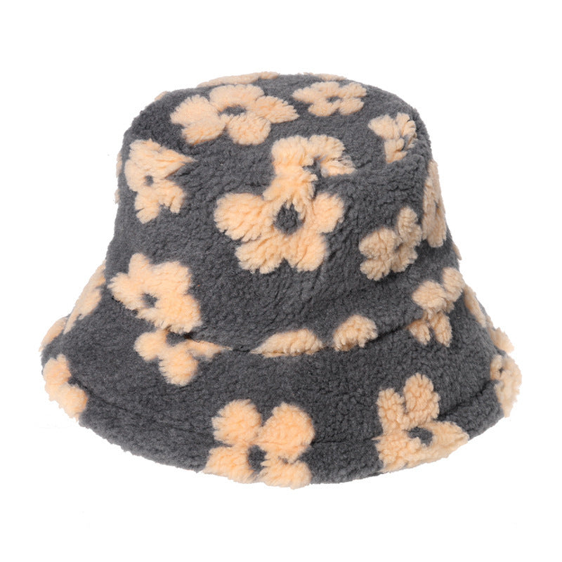 Lamb Wool Floral Fisherman Hat Women With Printed Warm