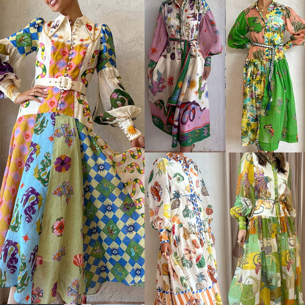 Holiday Print A-Line Dress With Belt