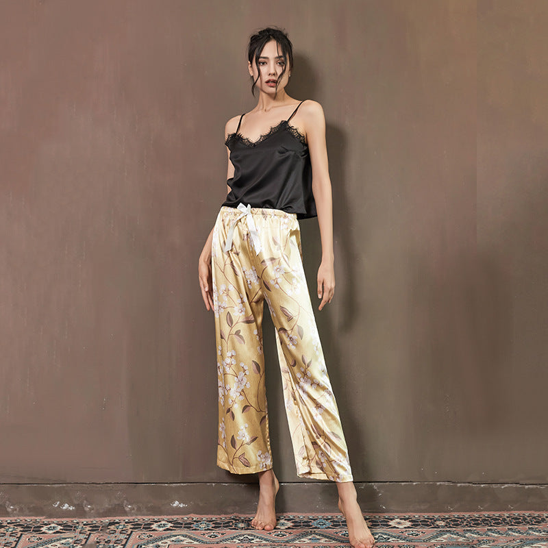 Two-piece Fashion Printed Pajama Suspenders, Imitation Silk Wide-leg Pants, Comfortable Casual Home Pants Cover