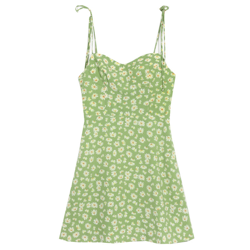 Sling French Retro Girl Green Floral Waist Dress