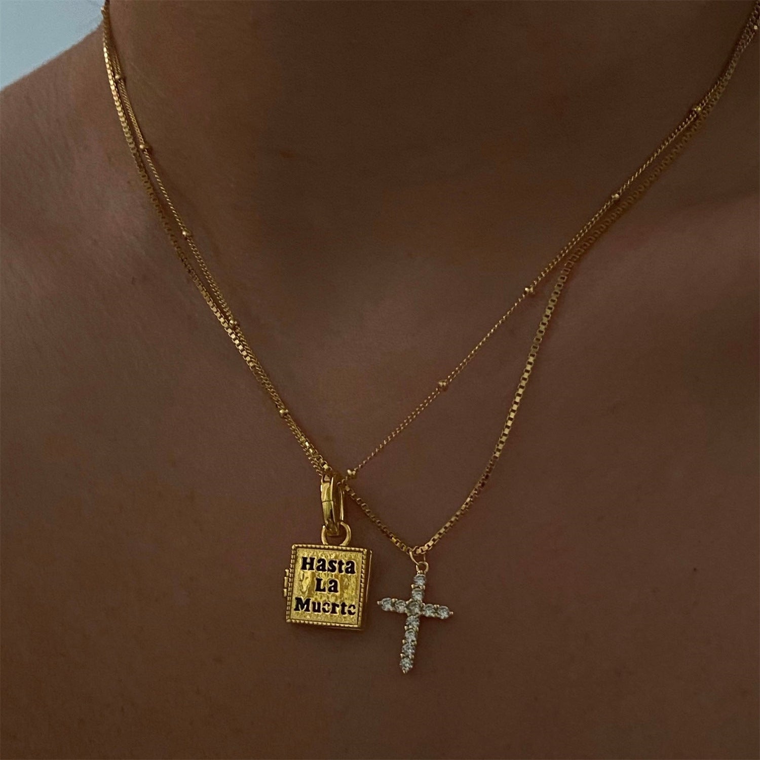 Titanium Steel Zircon Box Chain Cross Pendant Necklace