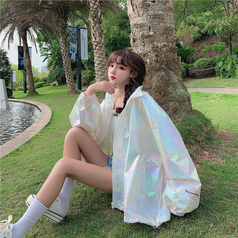Women's Oversized Sun Protection Clothing Loose And Thin, Shiny Laser Short Coat Top