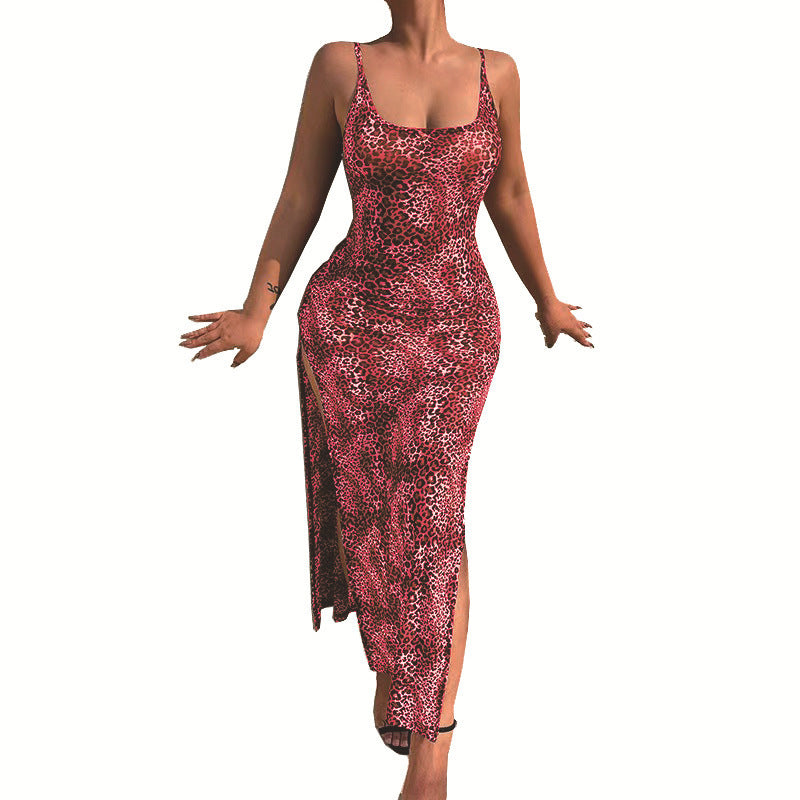 European And American Holiday Temperament Slit Skirt Fashion Leopard Animal Print Dress