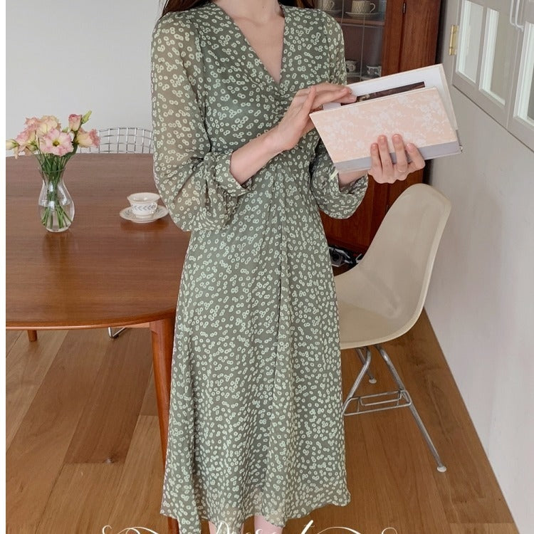 Retro Tea Break Green Floral Chiffon Dress