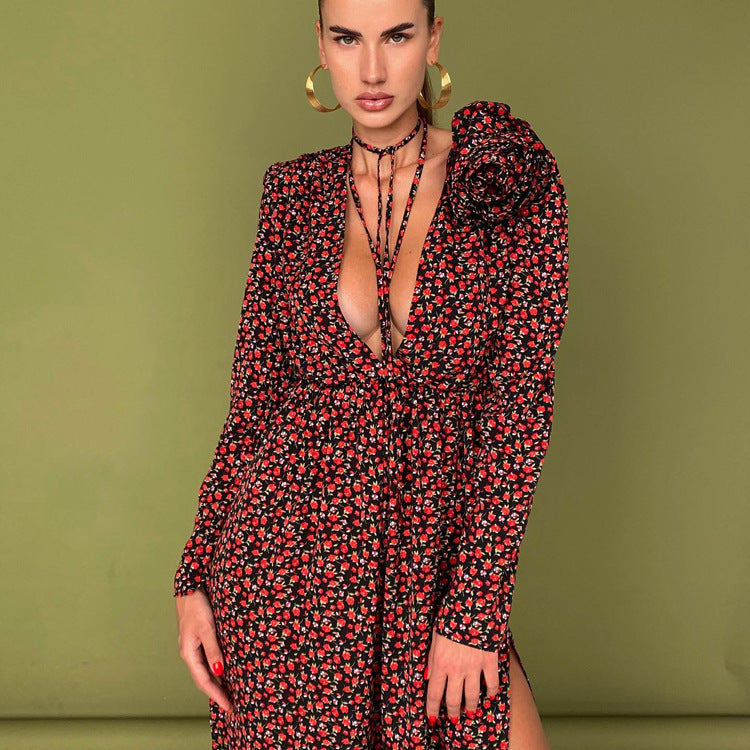 Sexy Deep V-neck Lace-up Waist Side Slit Floral Dress