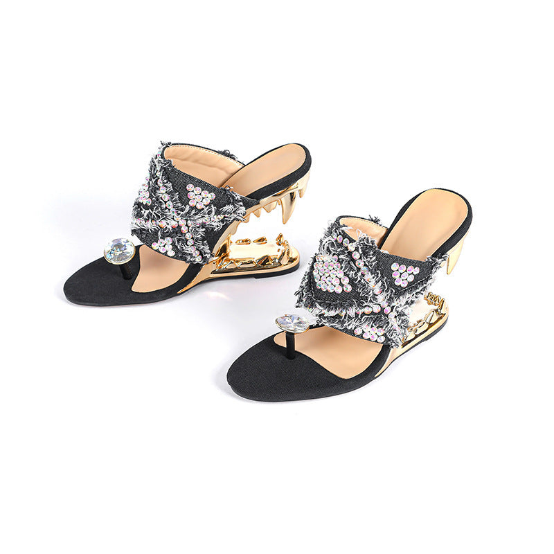 Rhinestone Round Toe Clip Toe Slip-on Metal Teeth Profiled Heel Women's High Heel Plus Size Shoes