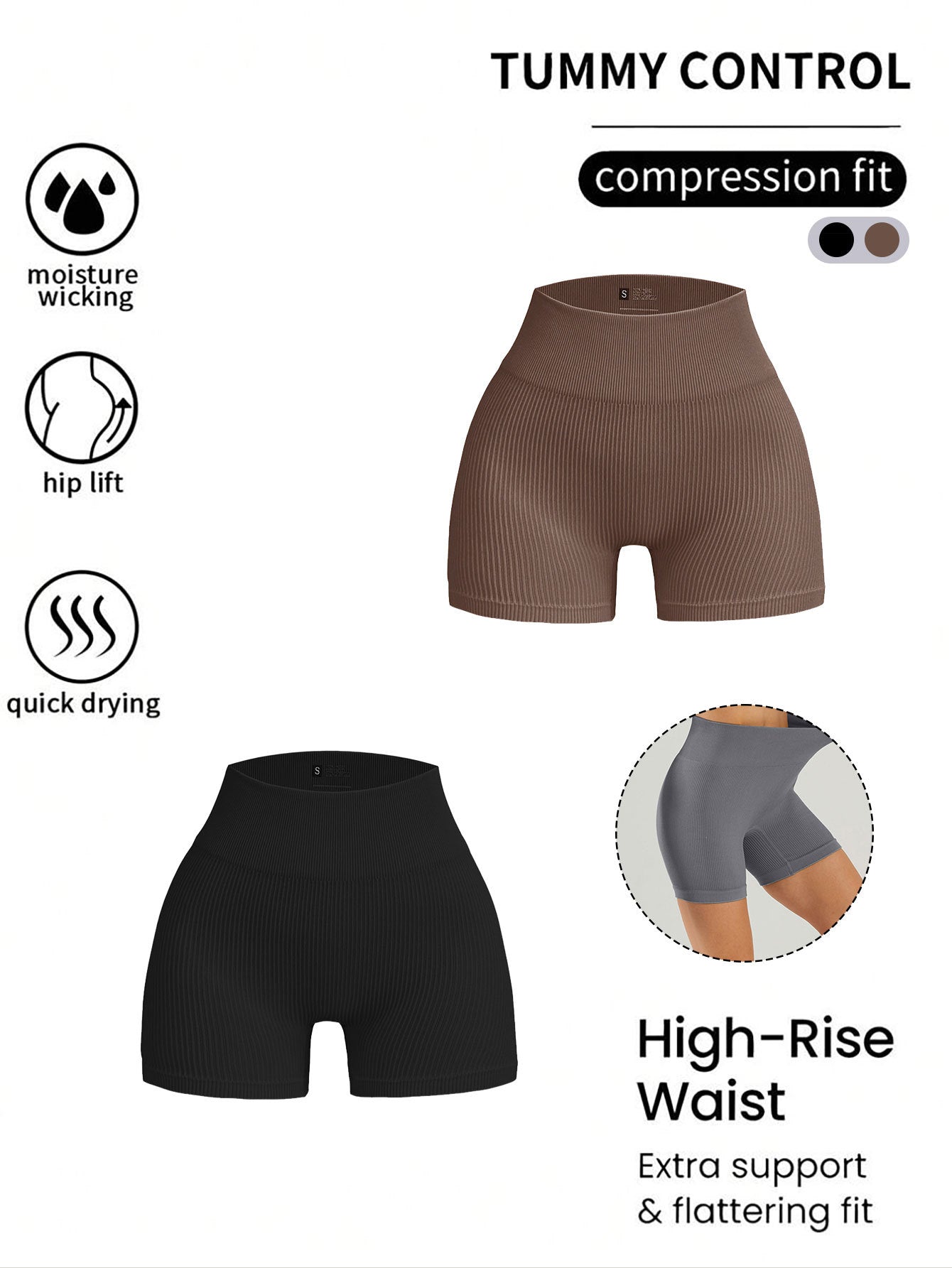 2 Pack Women's High Waist Solid Color Ribbed Seamless Biker Shorts Yoga Workout Shorts