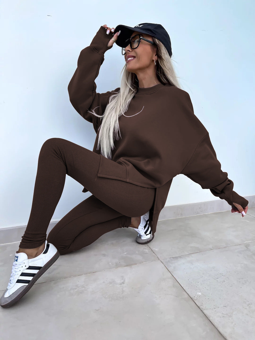 2pcs Casual Loose Long Sleeve Crew Neck Split Top and Leggings Set