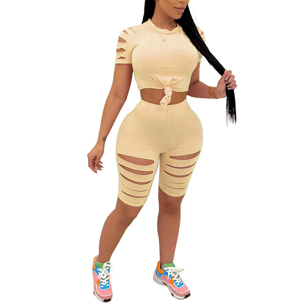 Women's Fashion Casual Two-Piece Set Ripped Tie Waist Tee and Bike Short