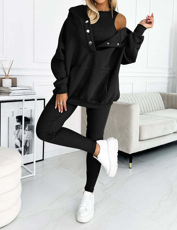 3-Piece Women's Sports Suit - Loose Hooded Sweatshirt, Fitted Tank Top, Slim Pant Leggings