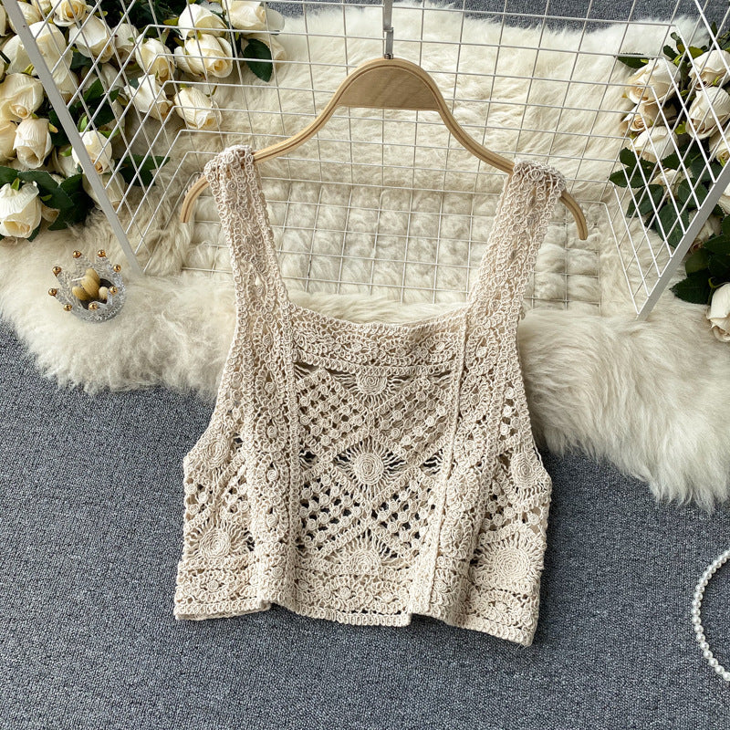 Square Collar Vest Short Top High Waist Sheath Hollow Design Sense Bell-bottom Pants Two-piece Set