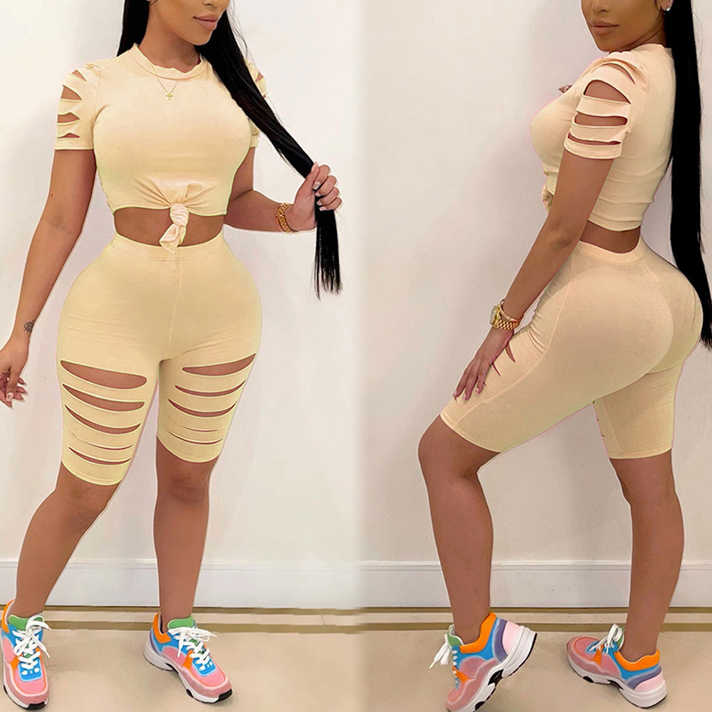 Women's Fashion Casual Two-Piece Set Ripped Tie Waist Tee and Bike Short