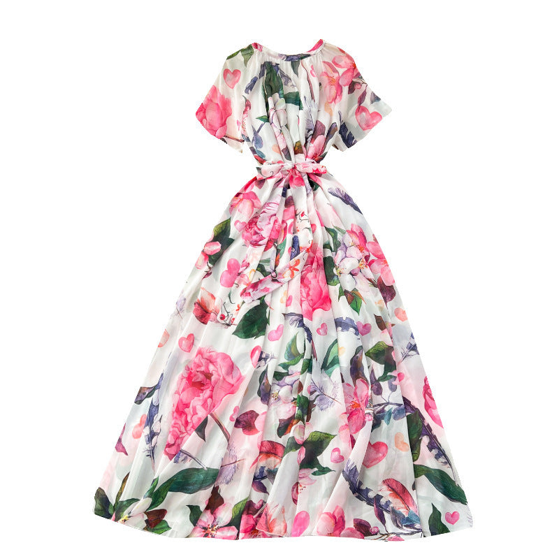 Printed Lace Up Waist-tight Dress