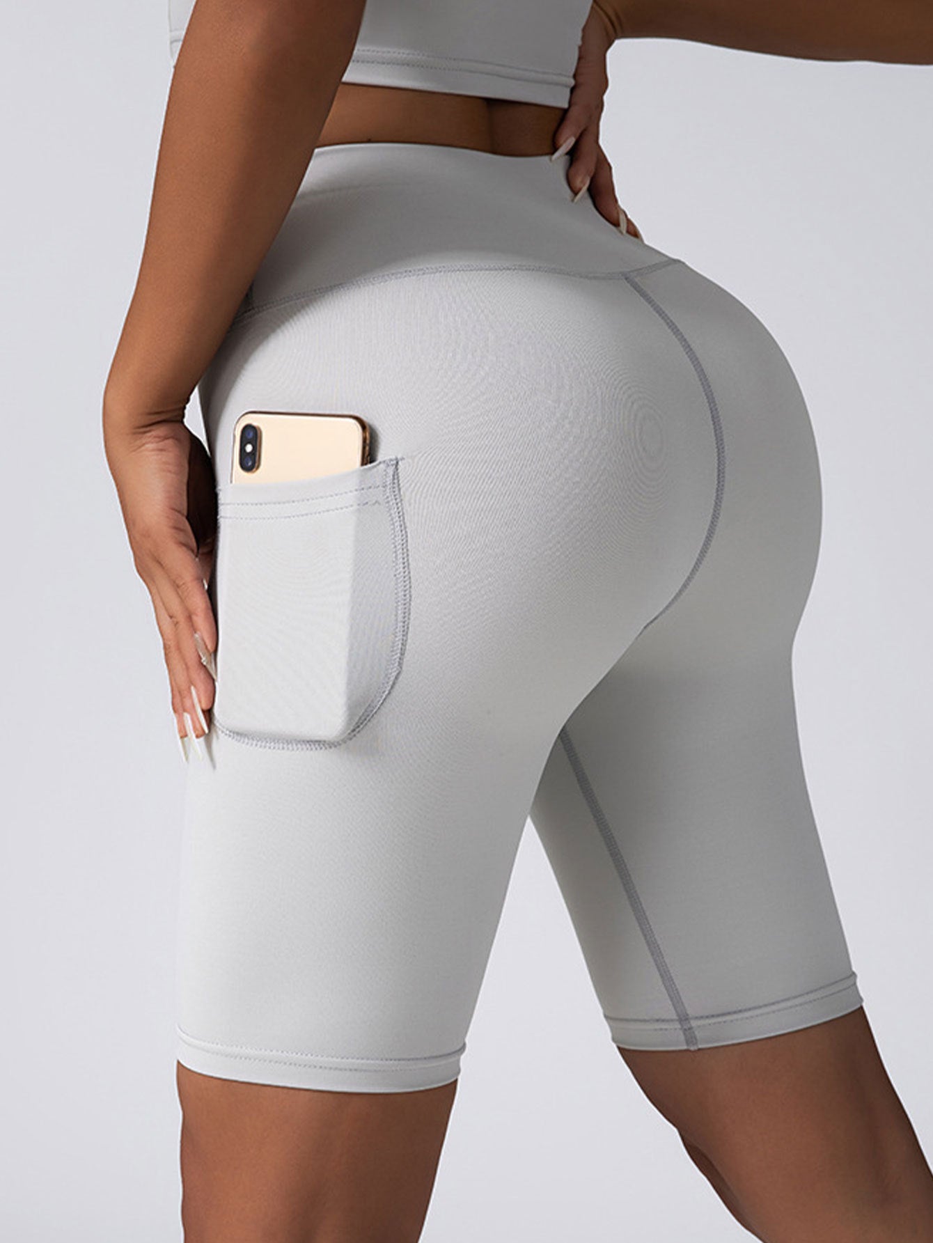 No Seam High Waist Tummy Control Yoga Gym Workout Running Biker Short with Pocket