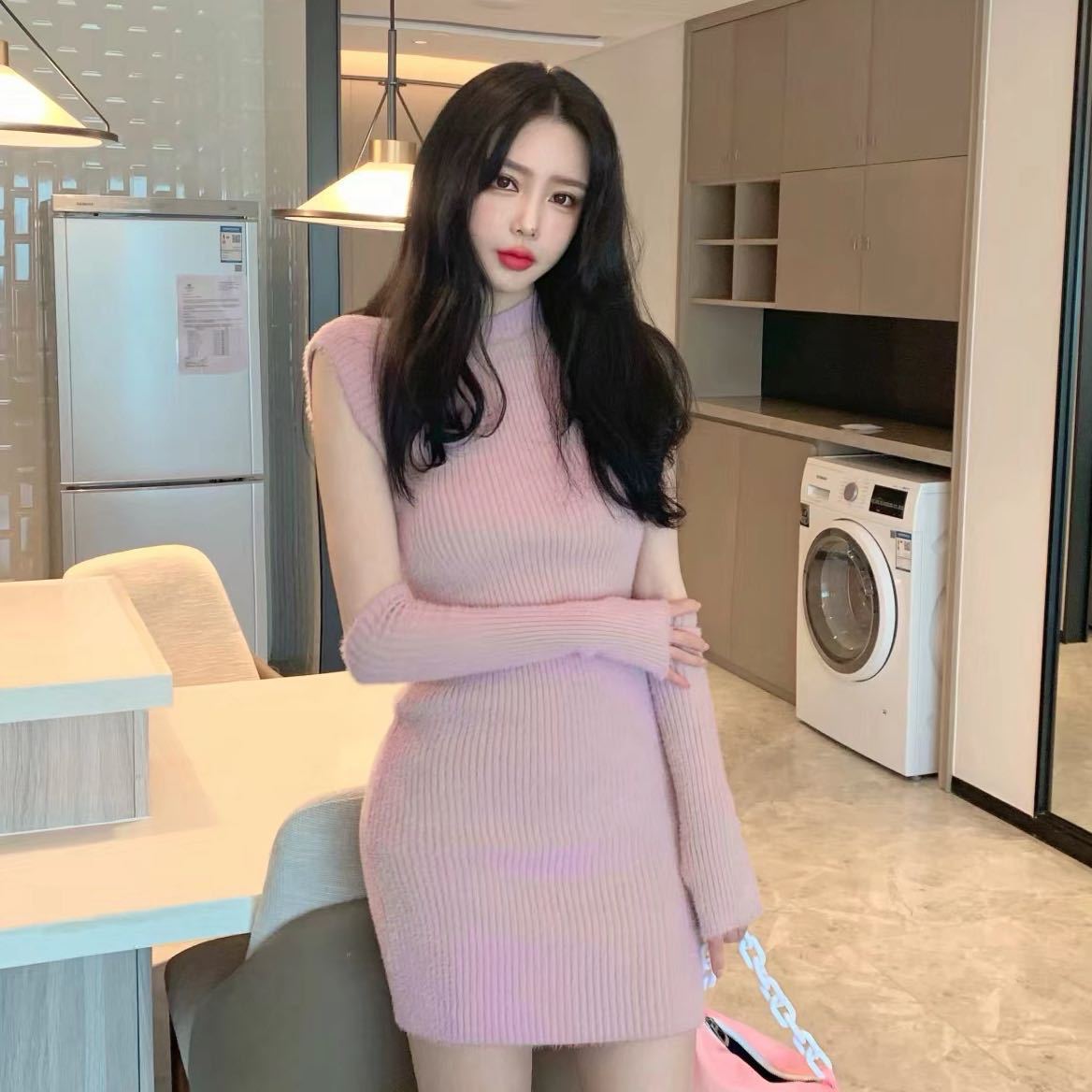 Bean Paste Marshmallow Dress Women's Sleeves Furry Sweater Dress Slim Bag