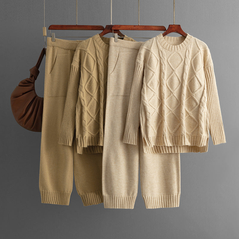 Plus Size Women's Clothing Cable-knit Pullover Sweater Suit