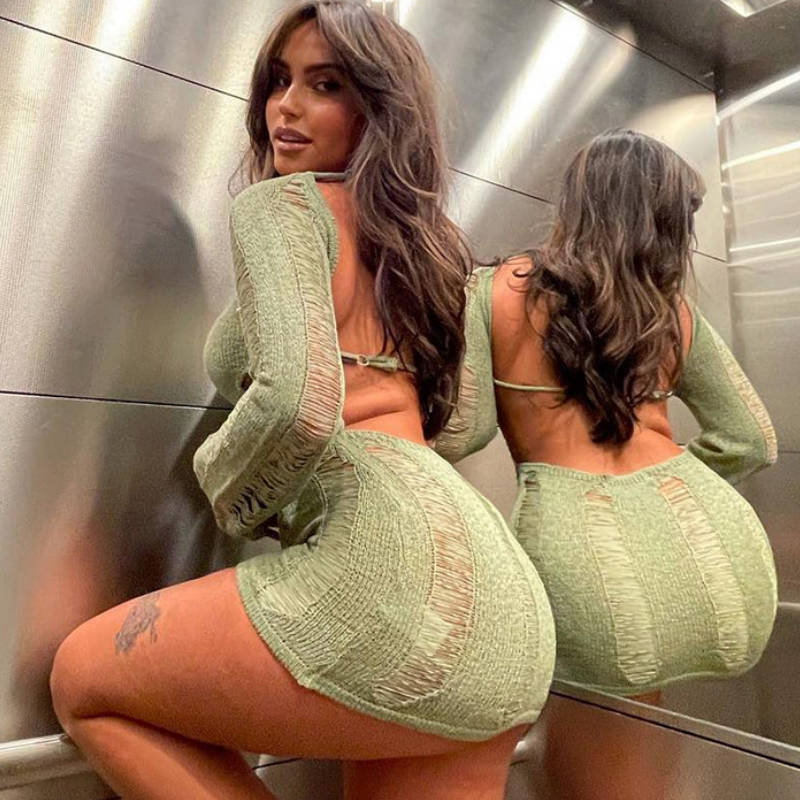 Exposed Thread Backless Mini Dress