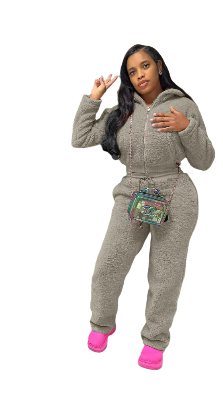 Matching Fleece Long Sleeve Crop Top and Pants Set