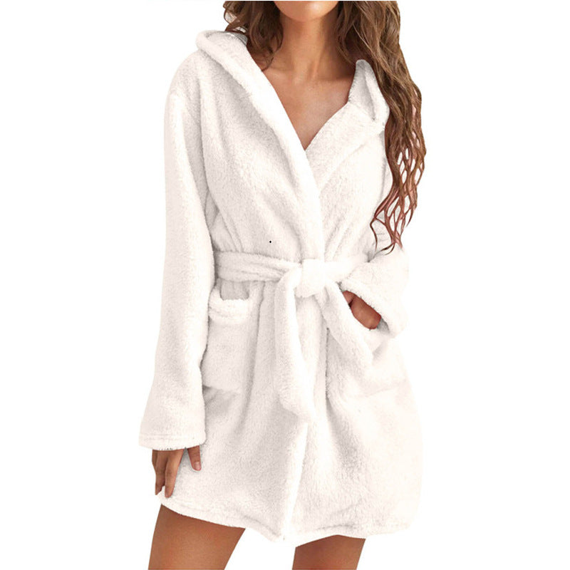 Plush Solid Color Hooded Home Warm Bathrobe Pajamas