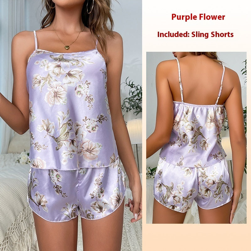 Satin Print Suspender Shorts Pajamas Suit